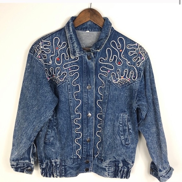 Vintage Acid Wash Denim Jean Jacket Rhinestone